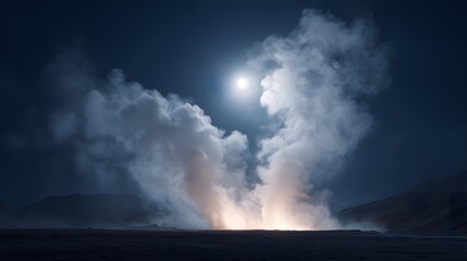 Fototapeta premium Eruption of geysers under moonlight