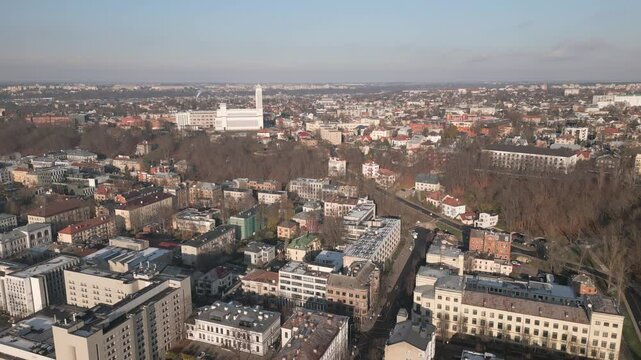 Aerial zoom out view Kaunas our Lord Jesus Christ's Resurrection Basilica. Monumental Roman Catholic church in Kaunas, Lithuania