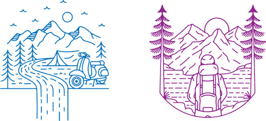 Mountain Scene with Biker Line Art, Nature Adventure Doodle Vector, Rider in Forest Landscape, Black and White Illustration, Transparent Background
