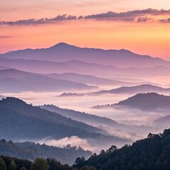 Obraz premium Serene Pastel Sunrise Over Misty Mountain Range
