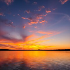 Naklejka premium Vibrant sunset over calm water reflecting the colorful sky with clouds.