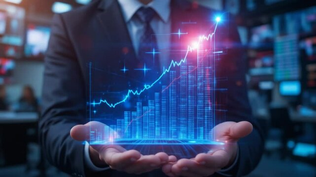 Planning and strategy, Stock market, Business growth, progress or success concept. Businessman or trader shows growing virtual hologram stocks, investing in trading. 4k video