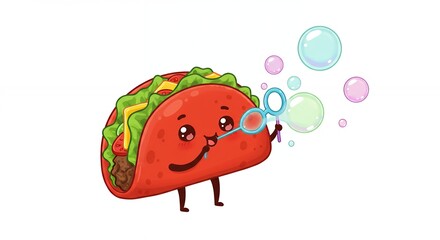 Fototapeta premium Cute cartoon taco blowing bubbles