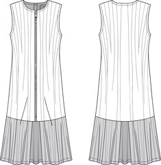 Front and back technical sketch of sleeveless pleated panel dress with zipper closure, vector fashion drawing for apparel design