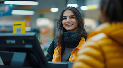 Close-up of smiling-employee-with-a-terminal-or-bags-buyer-in-the-frame-blurred-moment-of-payment-natural-l