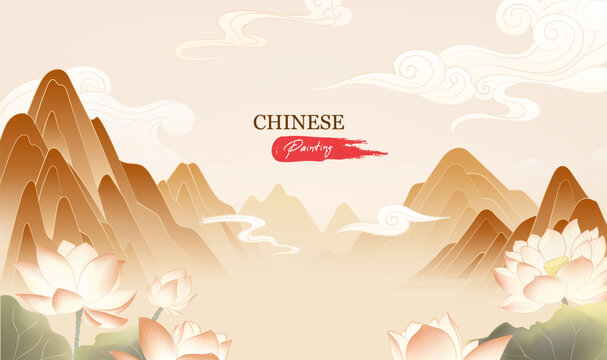 Horizontal version of Chinese wind landscape painting landscape lotus and clouds