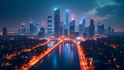 Fototapeta premium A futuristic city skyline at night, with tall, illuminated skyscrapers, a river reflecting lights, and glowing roads, creating a vibrant urban scene.
