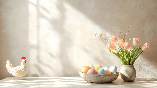 Minimalist composition of easter dining room interior with round table, vase with tulips, bowl with colorful eggs