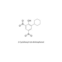 2-Cyclohexyl-4,6-dinitrophenol skeletal structure. Nitro phenol compound schematic illustration. Simple diagram, chemical formula.