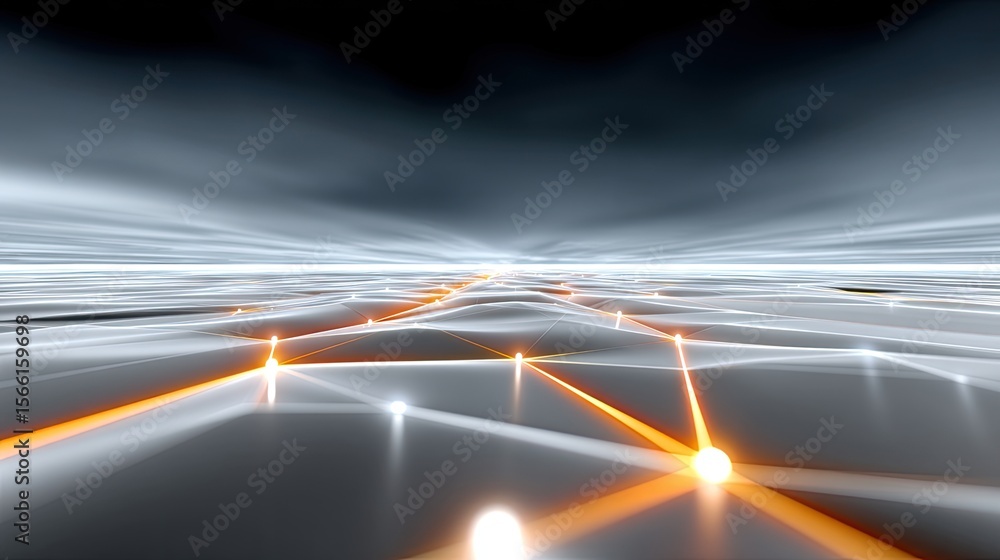 Poster futuristic network data structure with glowing orange lines