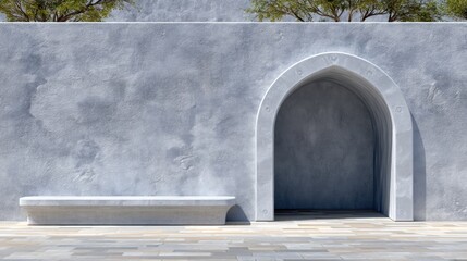 Geometric Algerian Moorish Archway with Grey Stone Wall and Bench