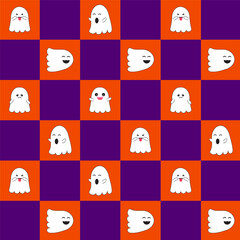 Obraz premium Seamless pattern with funny monsters.Halloween seamless pattern.Little cute spooky ghost cartoon repeat pattern.Vector graphic illustration background.