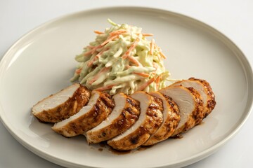 a meticulously arranged plate of glazed grilled chicken breast