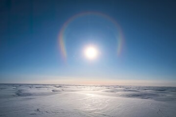 A photo of a vast, serene snowy landscape under a clear blue sky