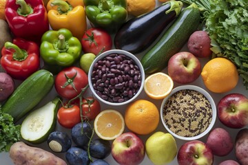 A photo of a variety of healthy organic vegetables and fruits with legumes