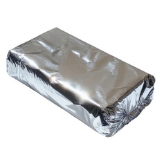 Silver foil wrapped package isolated on black background for food storage delivery