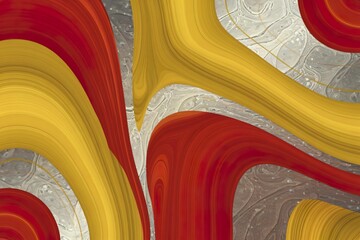 A photo of a vibrant and dynamic abstract pattern with swirling motifs of red, yellow, and silver