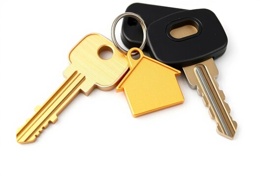 A set of house keys with a golden house-shaped keychain, isolated on white,  accessory,  security