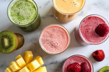 A photograph of three vibrant fruit smoothies