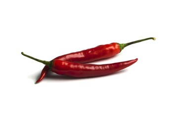 A photograph of two bright red chili peppers