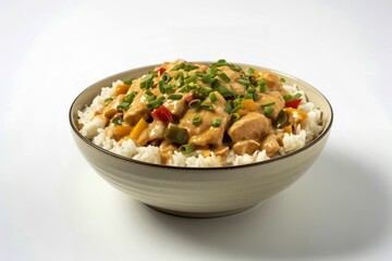 a porcelain bowl overflowing with a creamy, savory dish