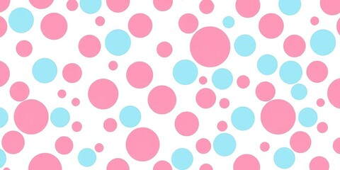 A whimsical seamless pattern featuring pink and blue polka dots on a white background, repeating, summer
