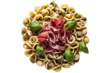 orecchiette pasta with green Genoese pesto and Tyrolean speck