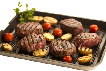 perfectly grilled beef steaks arranged on a sleek black rectangular grill