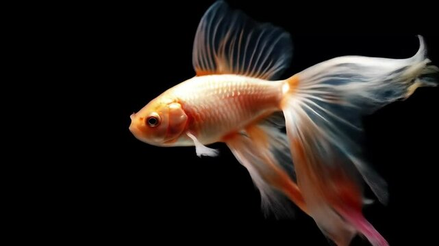 The fantail goldfish glides elegantly through its aquatic environment displaying its colorful fins and body against a dark backdrop bubbles rising around it
