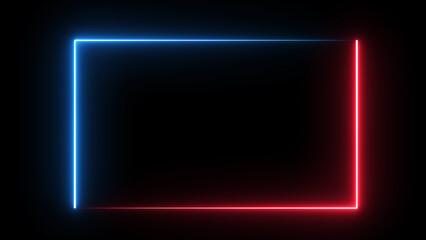 Glowing rectangle Neon sign frame blue and red color box circle pattern shapes. Blue and red color neon frame sign box. Neon frame, bright glowing neon frame with black background.	