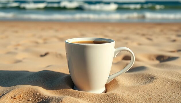 Close-up of white ceramic cup with hot beverage on sandy beach, ocean in background, coastal, warm