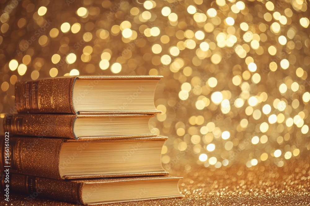 Poster stack of sparkling books on a glittery golden background perfect for a cozy reading ambiance, stack 