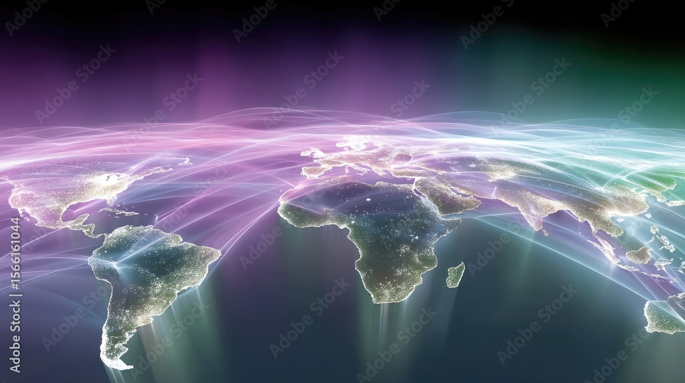 Poster global network connections polygonal world map with glowing lines and lights