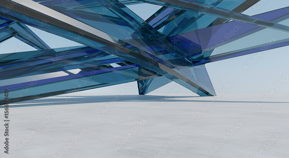 Poster abstract architecture concept with transparent blue glass structure on bright background