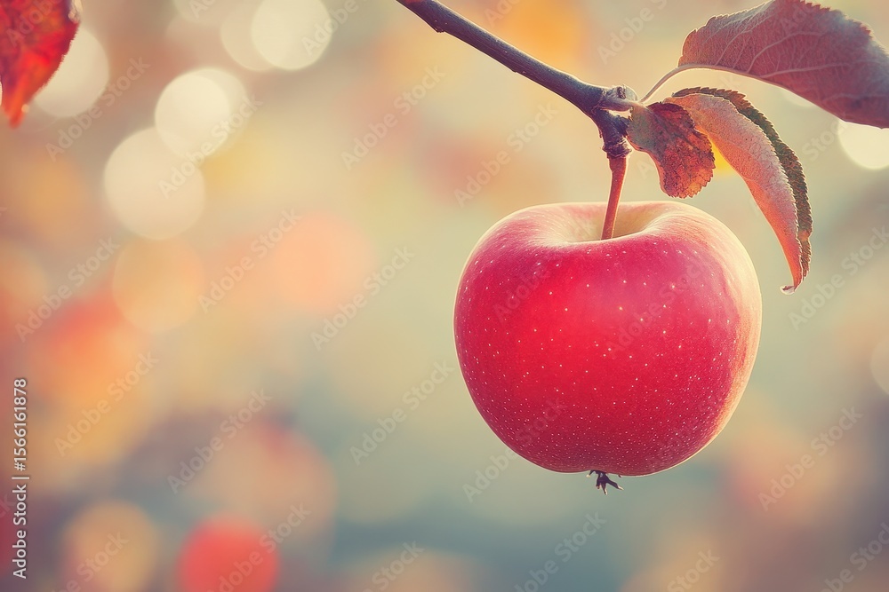 Aufkleber ripe red apple hanging on branch against a dreamy bokeh background in the orchard during autumn afte