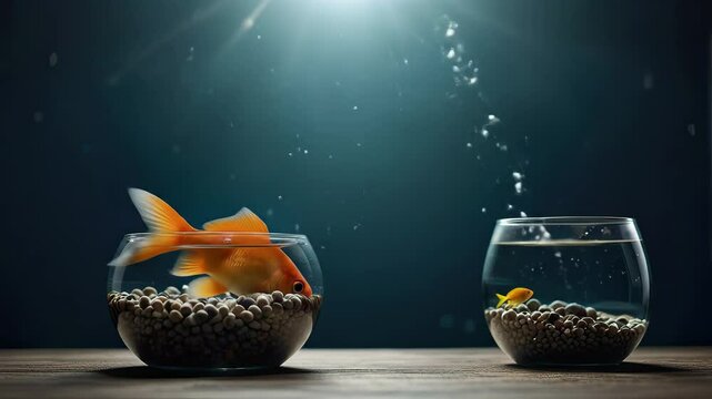 Two glass bowls hold goldfish one larger with a bright orange fish and one smaller with a tiny fish. Bubbles rise creating a serene atmosphere
