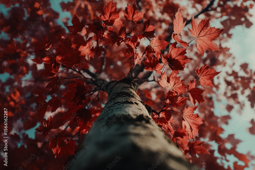 Poster low angle view of vibrant red maple tree against a clear sky in autumn, low angle of a red maple tre