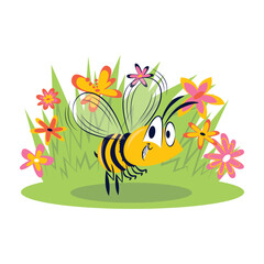 set cartoon bee character with flower honey barrel hive honeycomb vector design