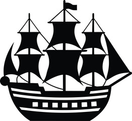 Black and white silhouette of a three masted sailing ship