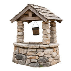 Old stone wishing well with wooden roof and bucket vintage garden architecture design
