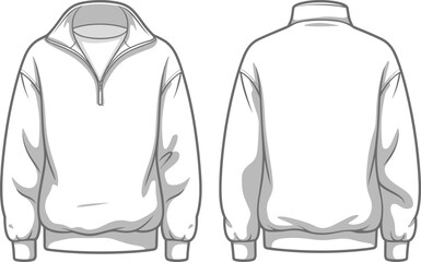 Quarter zip sweatshirt vector, pullover sweater front and back, half-zip fleece template, unisex jumper design, casual fashion sketch © Sagor Creatives