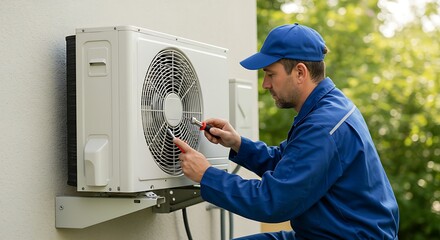 Professional HVAC technician performing maintenance on an outdoor air conditioning unit on a sunny day