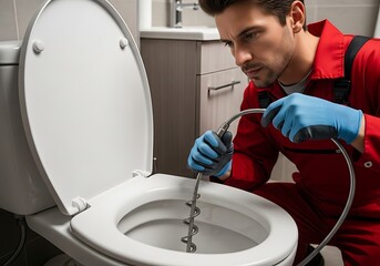 Professional Plumber Fixing Clogged Toilet with Drain Snake Tool