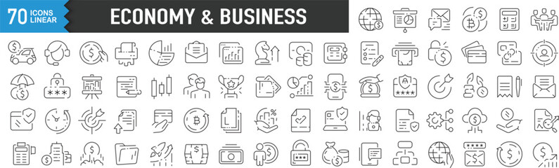 Economy and business black linear icons. Collection of 70 icons in black. Big set of linear icons vector illustration