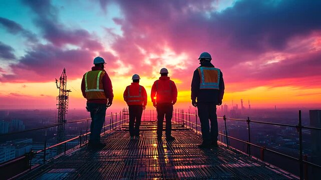 Construction workers watching sunset on rooftop site
