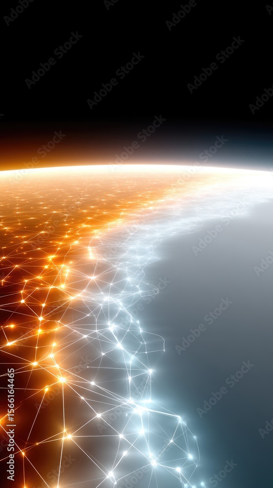 Poster glowing nodes mesh network on planet surface