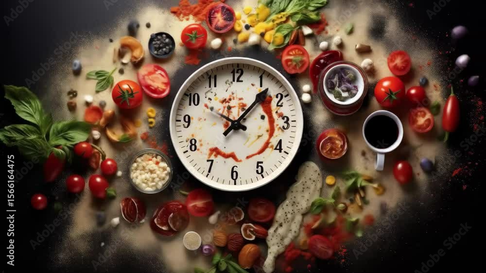 Poster a clock positioned in the center of the image, surrounded by an assortment of different types of foo