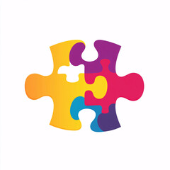 Fototapeta premium Colorful jigsaw puzzle piece with interlocking segments in yellow, pink, purple, and blue, symbolizing teamwork and connection 