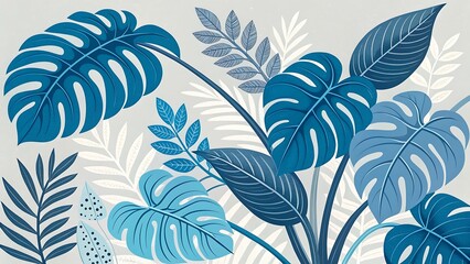 Serene Blue Tropical Leaf Pattern:  Elegant Botanical Illustration,  Modern Minimalist Design, Calming Mood.