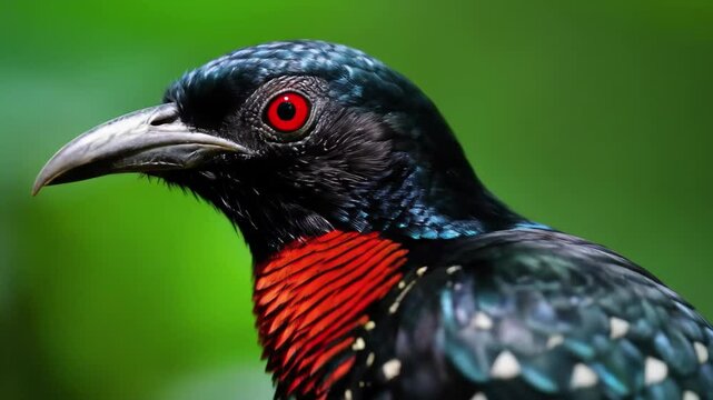The Asian koel is perched gracefully on a branch showcasing its stunning black and red plumage against the backdrop of a vibrant green forest in soft morning light